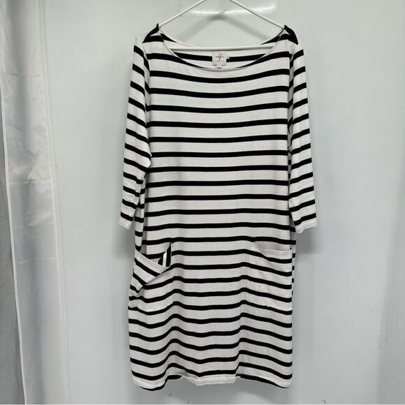 The Nines by Hatch Boat Neck 3/4 Sleeve Black Ivory Stripe Tee Shirt Dress XXL - Picture 1 of 8